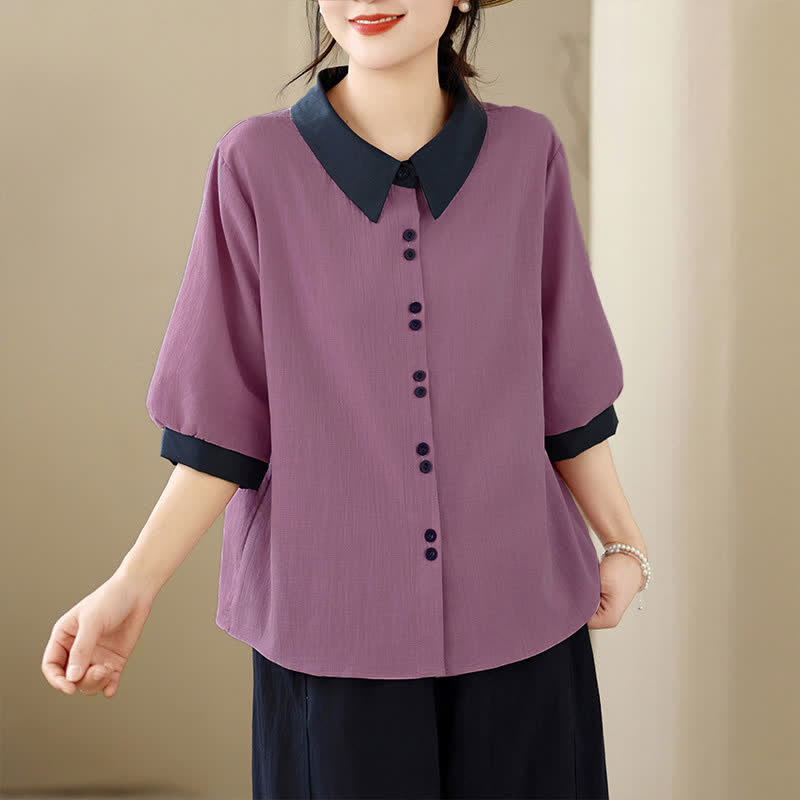 Nimara Ritual Summer Elegant Button-Up contrast collar Solid Women's Short Sleeve Shirts