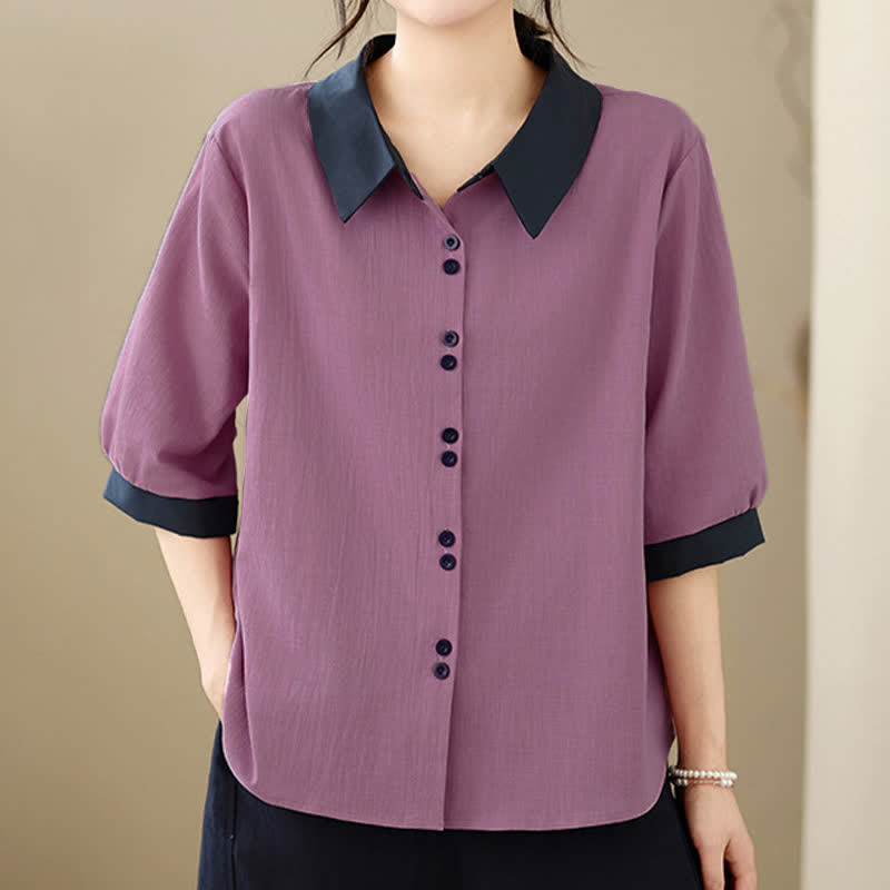 Nimara Ritual Summer Elegant Button-Up contrast collar Solid Women's Short Sleeve Shirts