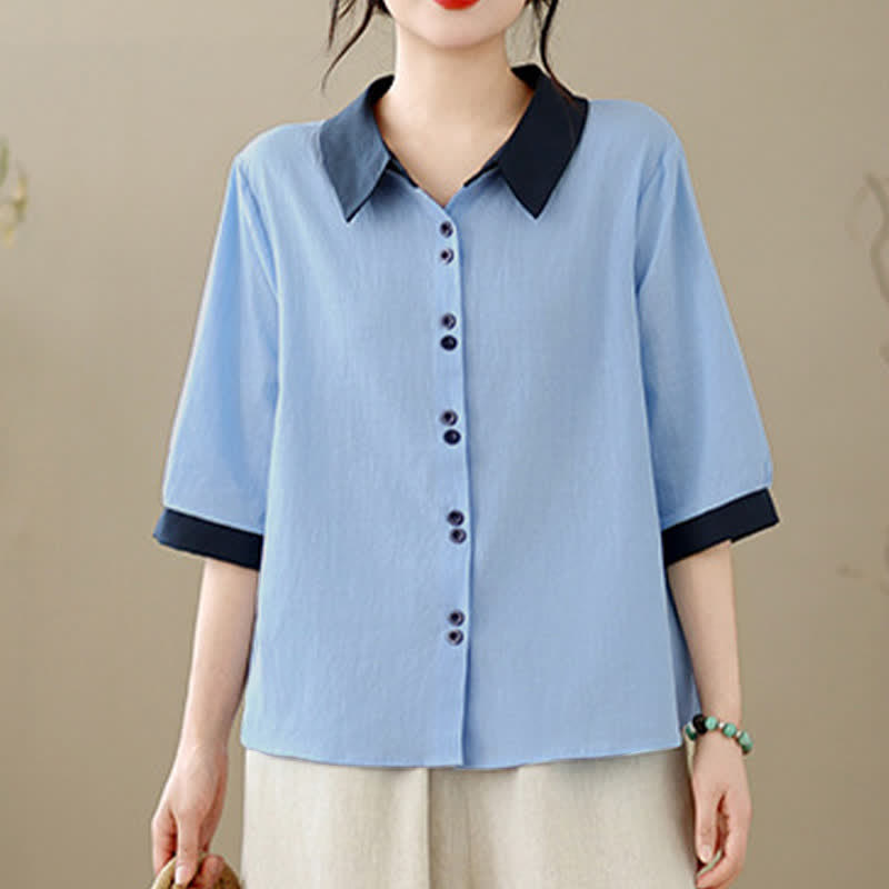 Nimara Ritual Summer Elegant Button-Up contrast collar Solid Women's Short Sleeve Shirts