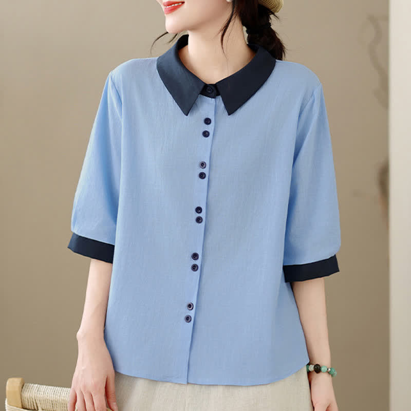 Nimara Ritual Summer Elegant Button-Up contrast collar Solid Women's Short Sleeve Shirts