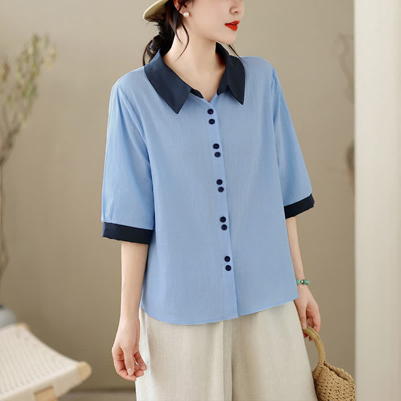 Nimara Ritual Summer Elegant Button-Up contrast collar Solid Women's Short Sleeve Shirts