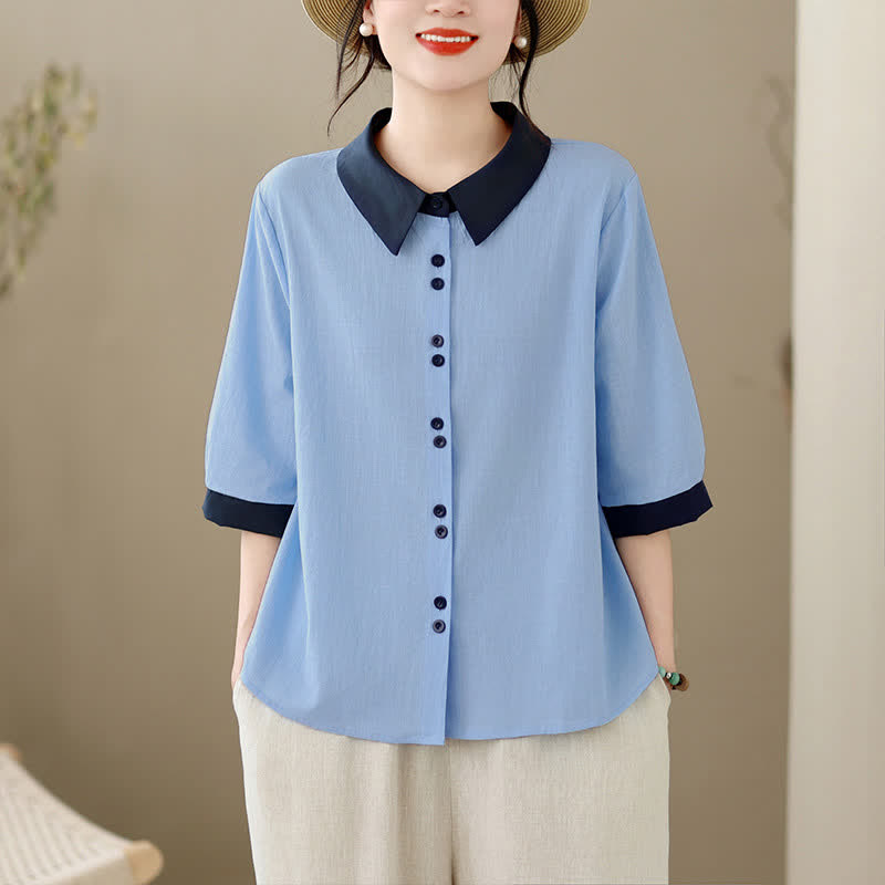 Nimara Ritual Summer Elegant Button-Up contrast collar Solid Women's Short Sleeve Shirts