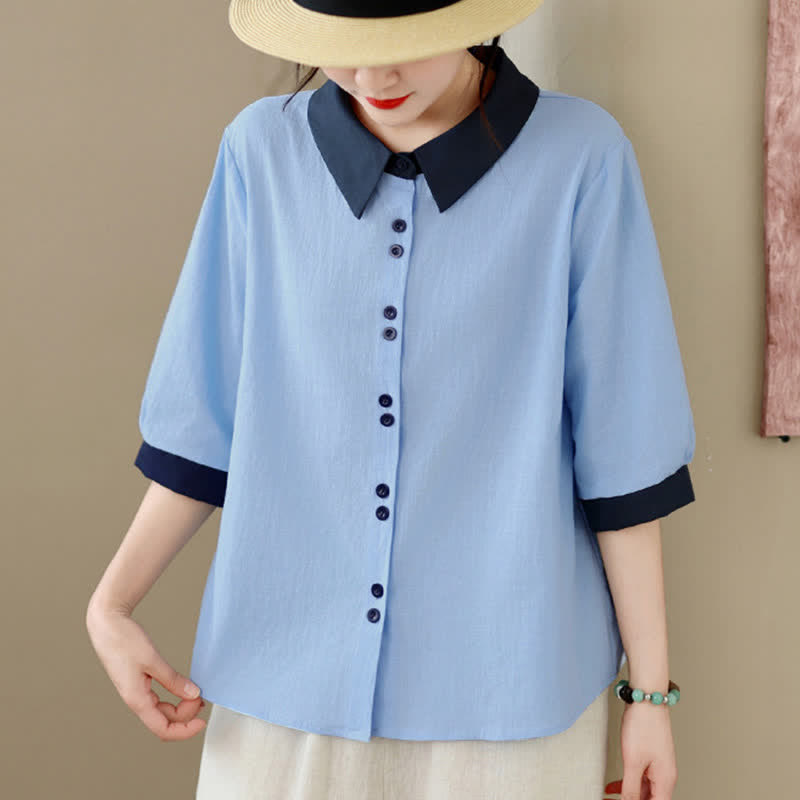 Nimara Ritual Summer Elegant Button-Up contrast collar Solid Women's Short Sleeve Shirts