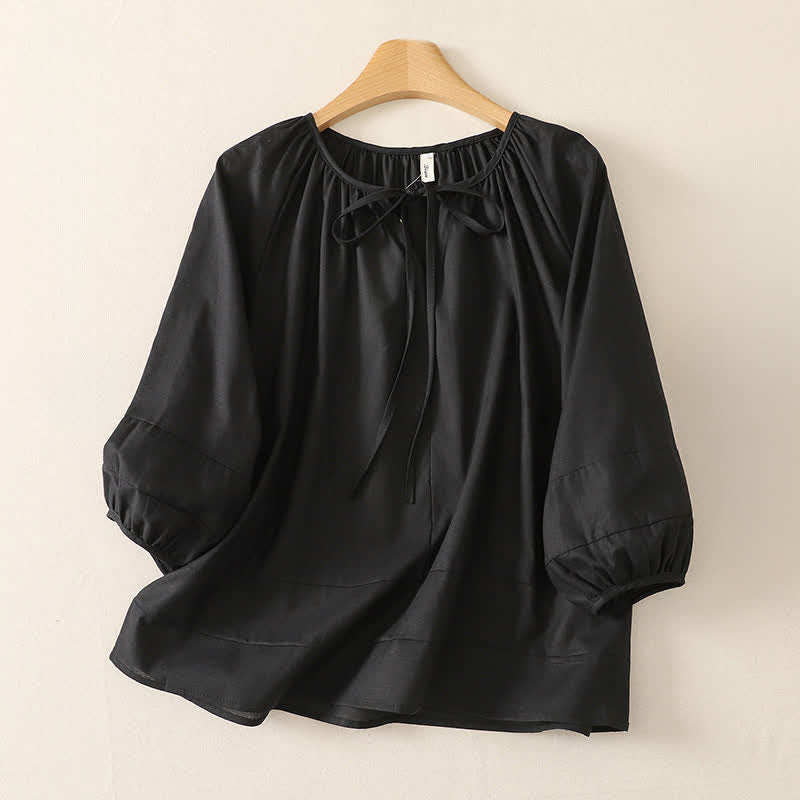 Nimara Ritual Summer Boho Drawstring Crew Neck Solid Women's Long Sleeve Shirt