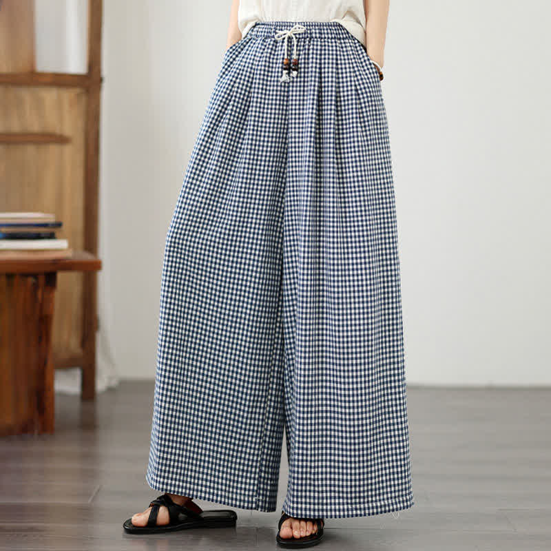 Nimara Ritual Summer Casual Drawstring Small Plaid Ankle Pants Women's Wide Leg Pants With Pocket