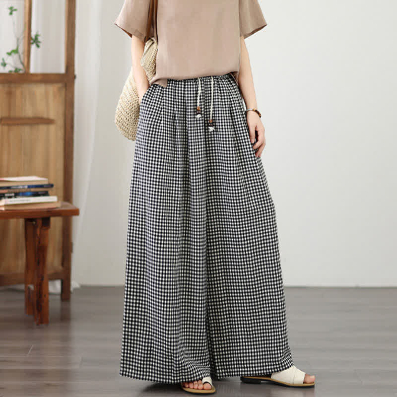 Nimara Ritual Summer Casual Drawstring Small Plaid Ankle Pants Women's Wide Leg Pants With Pocket