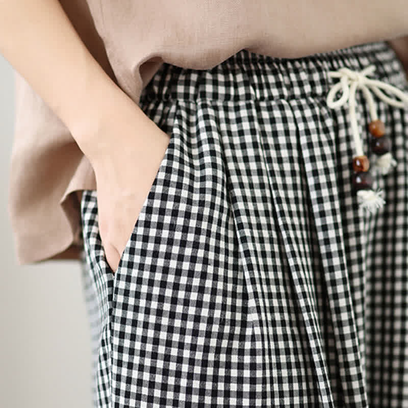 Nimara Ritual Summer Casual Drawstring Small Plaid Ankle Pants Women's Wide Leg Pants With Pocket