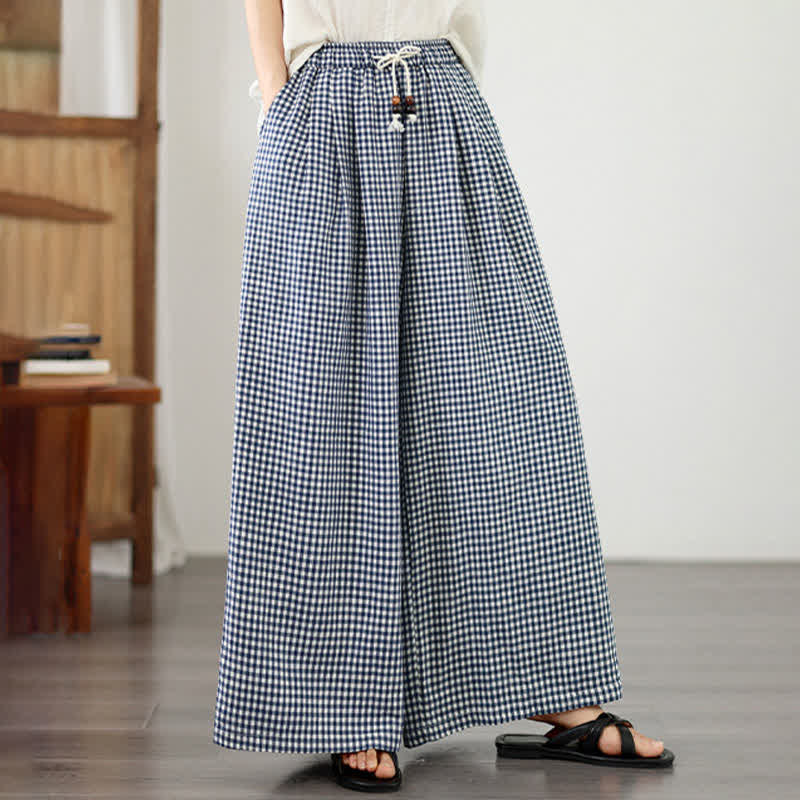 Nimara Ritual Summer Casual Drawstring Small Plaid Ankle Pants Women's Wide Leg Pants With Pocket