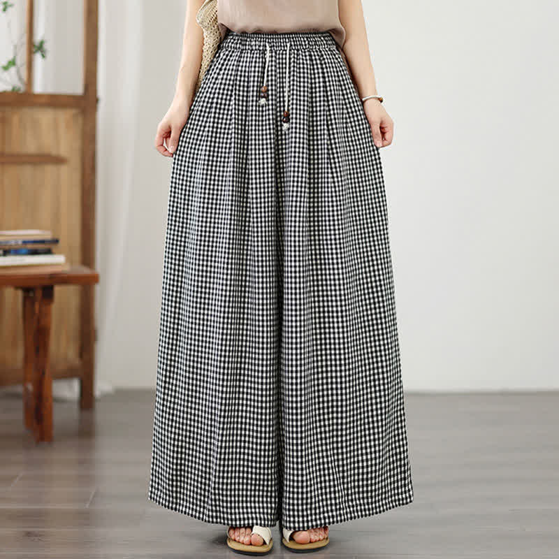 Nimara Ritual Summer Casual Drawstring Small Plaid Ankle Pants Women's Wide Leg Pants With Pocket