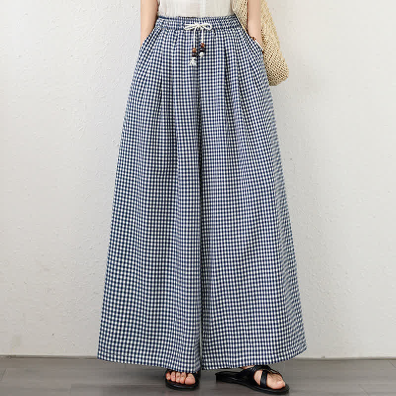 Nimara Ritual Summer Casual Drawstring Small Plaid Ankle Pants Women's Wide Leg Pants With Pocket
