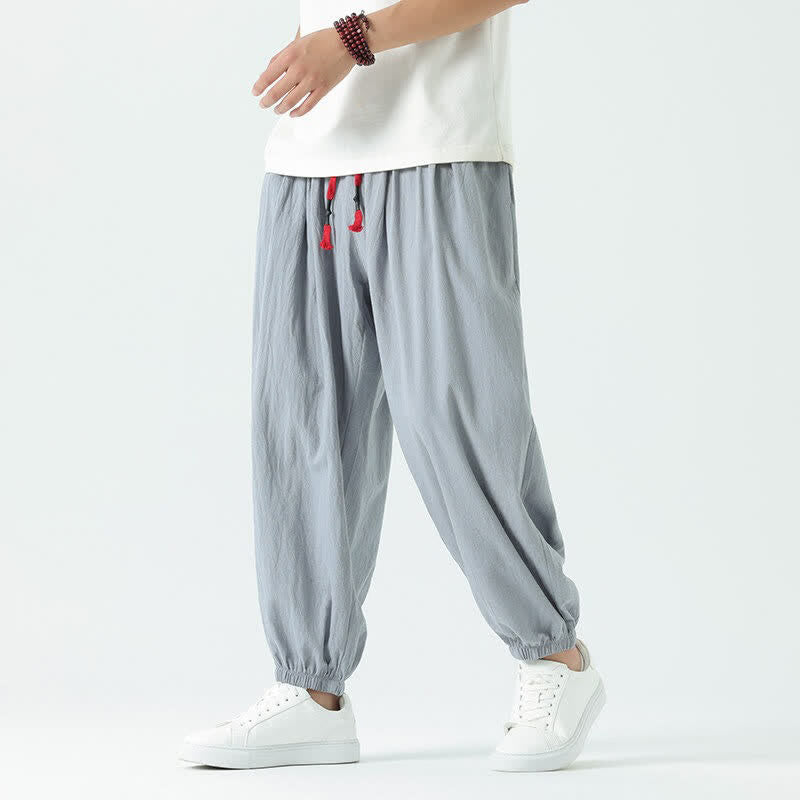 Nimara Ritual Summer Casual Boho Drawstring Solid Cotton Cropped Pants Men's Harem Pants With Pocket