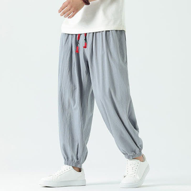Nimara Ritual Summer Casual Boho Drawstring Solid Cotton Cropped Pants Men's Harem Pants With Pocket
