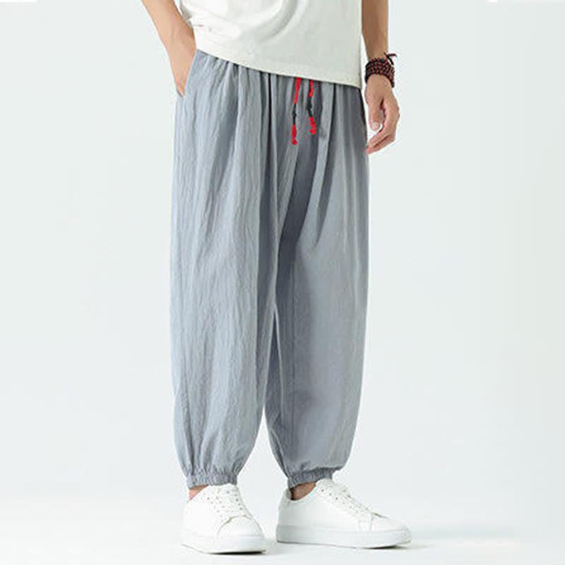 Nimara Ritual Summer Casual Boho Drawstring Solid Cotton Cropped Pants Men's Harem Pants With Pocket