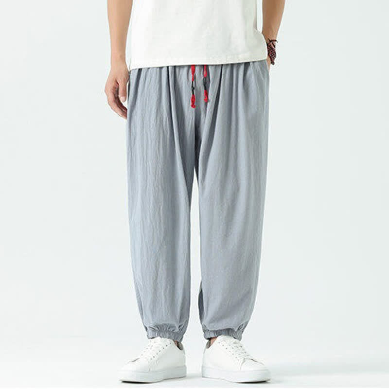 Nimara Ritual Summer Casual Boho Drawstring Solid Cotton Cropped Pants Men's Harem Pants With Pocket