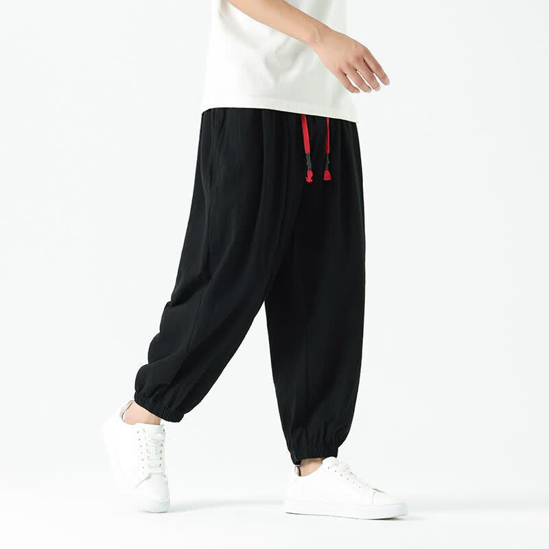 Nimara Ritual Summer Casual Boho Drawstring Solid Cotton Cropped Pants Men's Harem Pants With Pocket