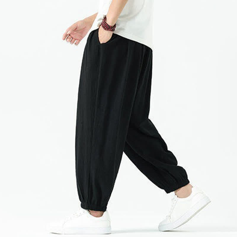 Nimara Ritual Summer Casual Boho Drawstring Solid Cotton Cropped Pants Men's Harem Pants With Pocket