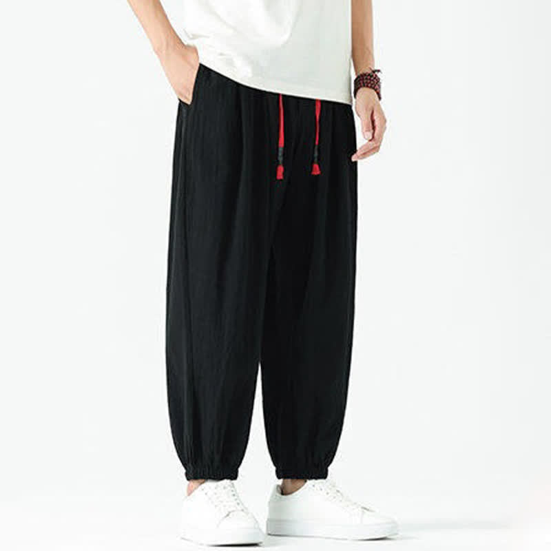 Nimara Ritual Summer Casual Boho Drawstring Solid Cotton Cropped Pants Men's Harem Pants With Pocket