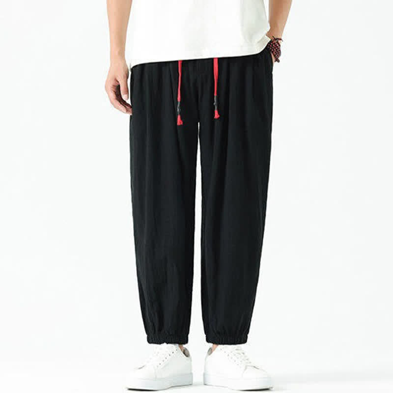 Nimara Ritual Summer Casual Boho Drawstring Solid Cotton Cropped Pants Men's Harem Pants With Pocket