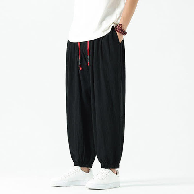 Nimara Ritual Summer Casual Boho Drawstring Solid Cotton Cropped Pants Men's Harem Pants With Pocket