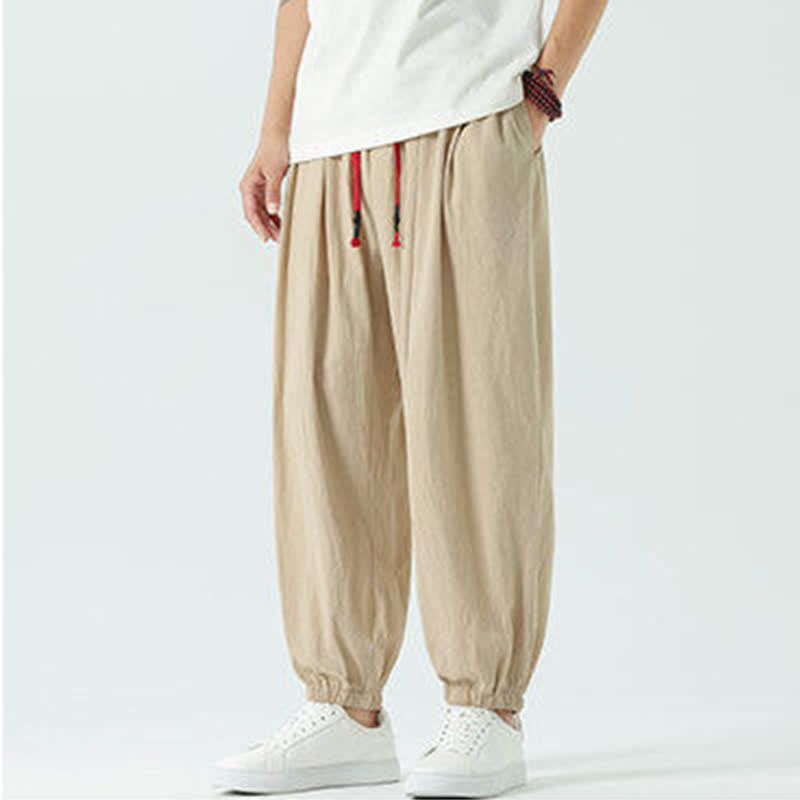 Nimara Ritual Summer Casual Boho Drawstring Solid Cotton Cropped Pants Men's Harem Pants With Pocket