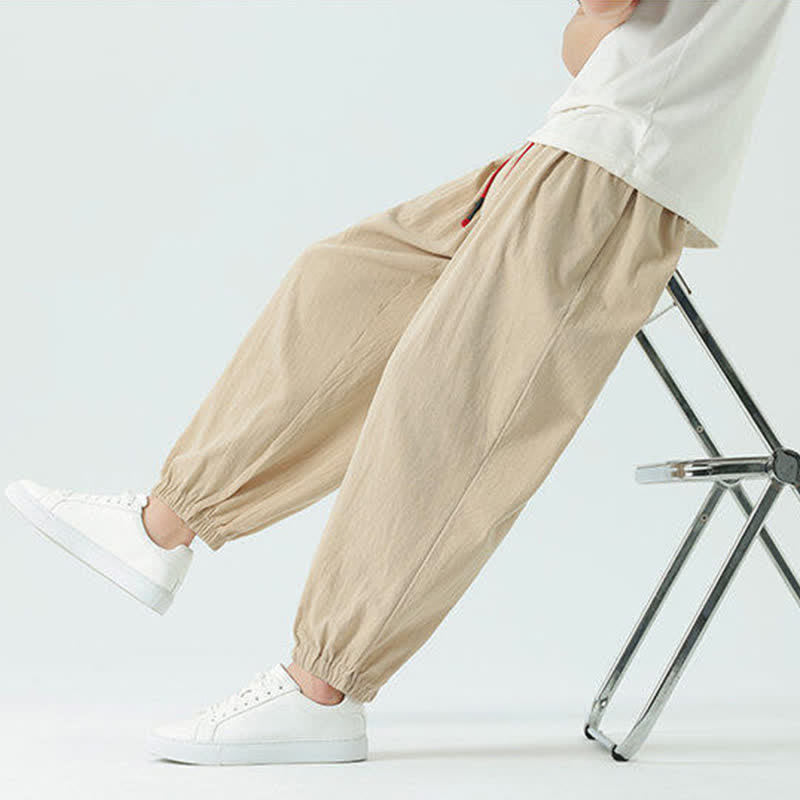 Nimara Ritual Summer Casual Boho Drawstring Solid Cotton Cropped Pants Men's Harem Pants With Pocket