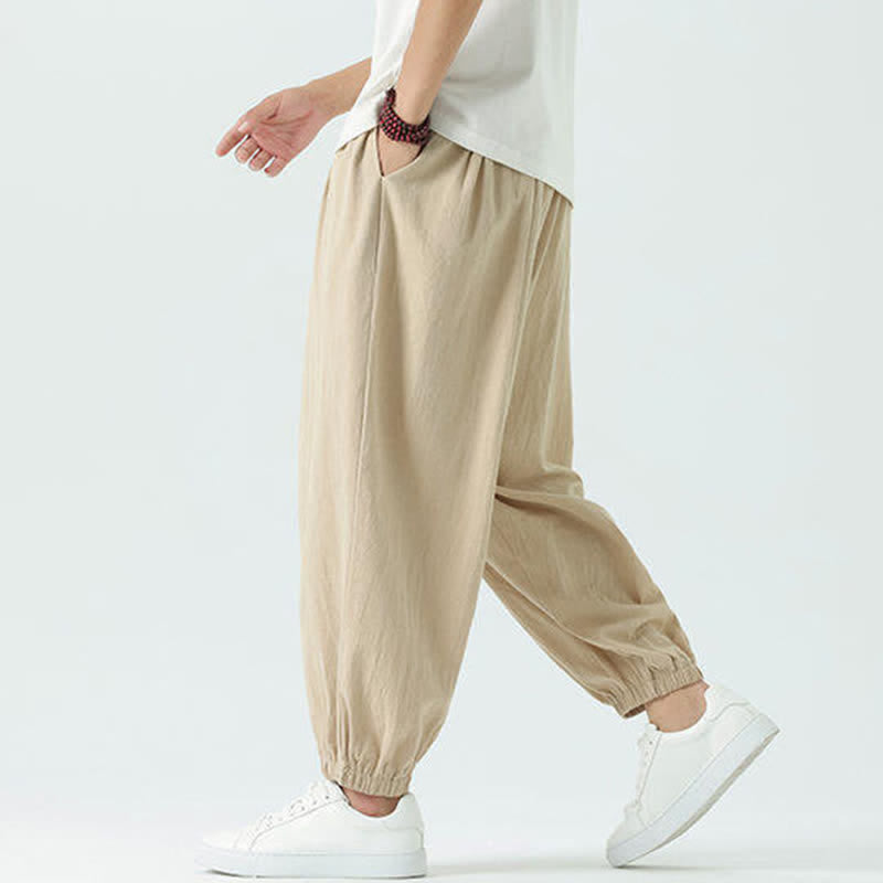 Nimara Ritual Summer Casual Boho Drawstring Solid Cotton Cropped Pants Men's Harem Pants With Pocket