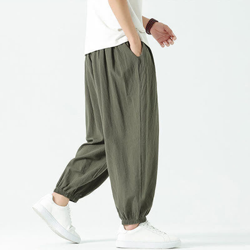 Nimara Ritual Summer Casual Boho Drawstring Solid Cotton Cropped Pants Men's Harem Pants With Pocket