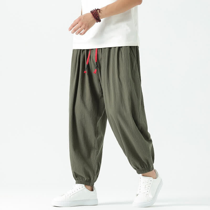 Nimara Ritual Summer Casual Boho Drawstring Solid Cotton Cropped Pants Men's Harem Pants With Pocket