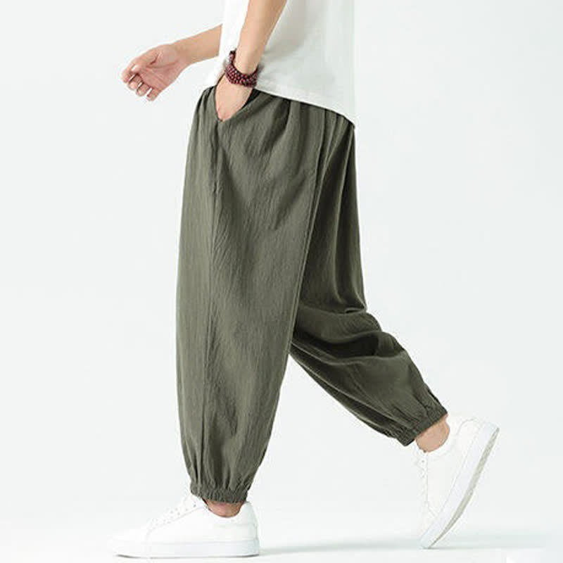 Nimara Ritual Summer Casual Boho Drawstring Solid Cotton Cropped Pants Men's Harem Pants With Pocket