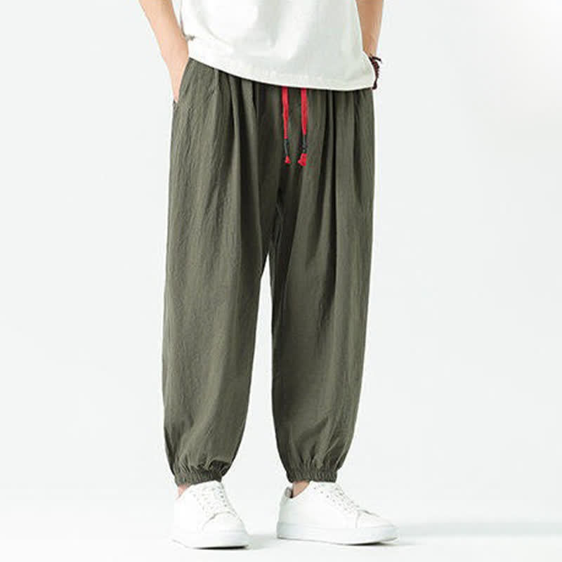 Nimara Ritual Summer Casual Boho Drawstring Solid Cotton Cropped Pants Men's Harem Pants With Pocket