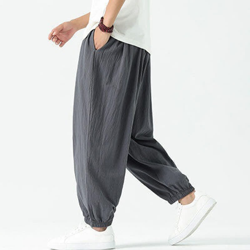 Nimara Ritual Summer Casual Boho Drawstring Solid Cotton Cropped Pants Men's Harem Pants With Pocket