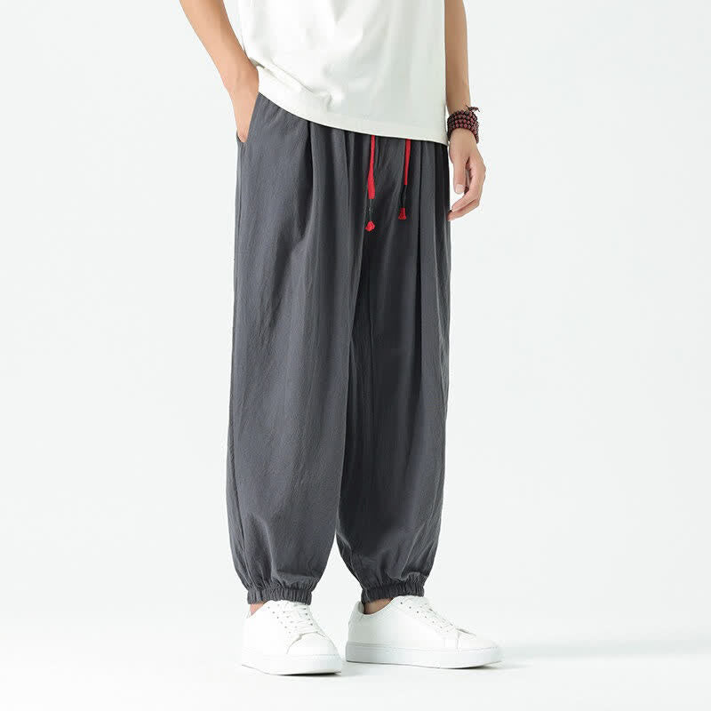 Nimara Ritual Summer Casual Boho Drawstring Solid Cotton Cropped Pants Men's Harem Pants With Pocket