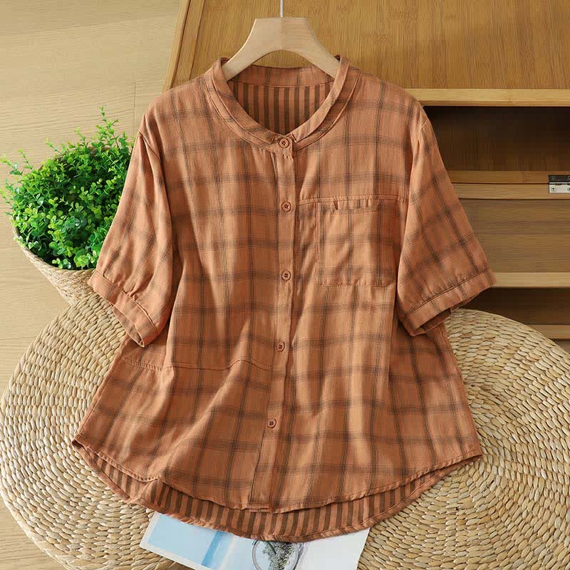 Nimara Ritual Summer Casual Vintage Plaid Women's Short Sleeve Shirts With Patch Pocket