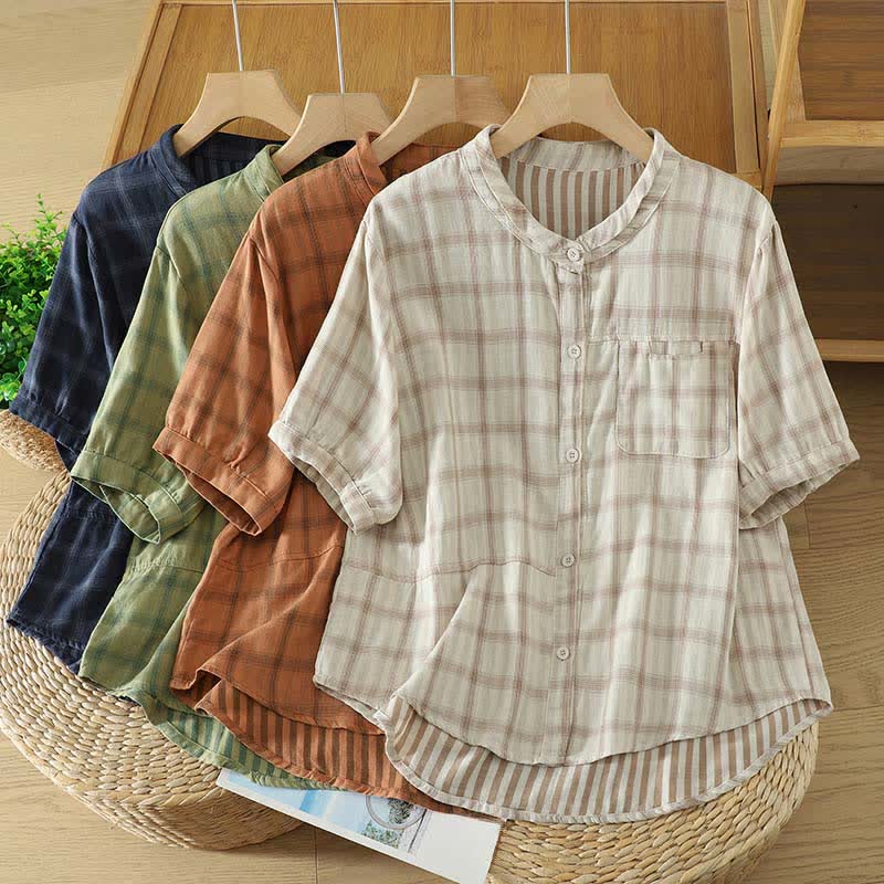 Nimara Ritual Summer Casual Vintage Plaid Women's Short Sleeve Shirts With Patch Pocket