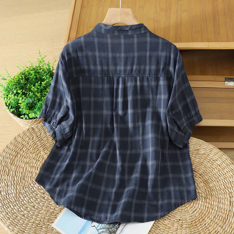 Nimara Ritual Summer Casual Vintage Plaid Women's Short Sleeve Shirts With Patch Pocket