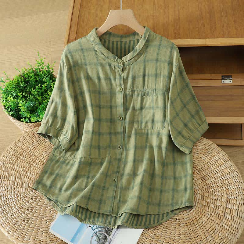 Nimara Ritual Summer Casual Vintage Plaid Women's Short Sleeve Shirts With Patch Pocket