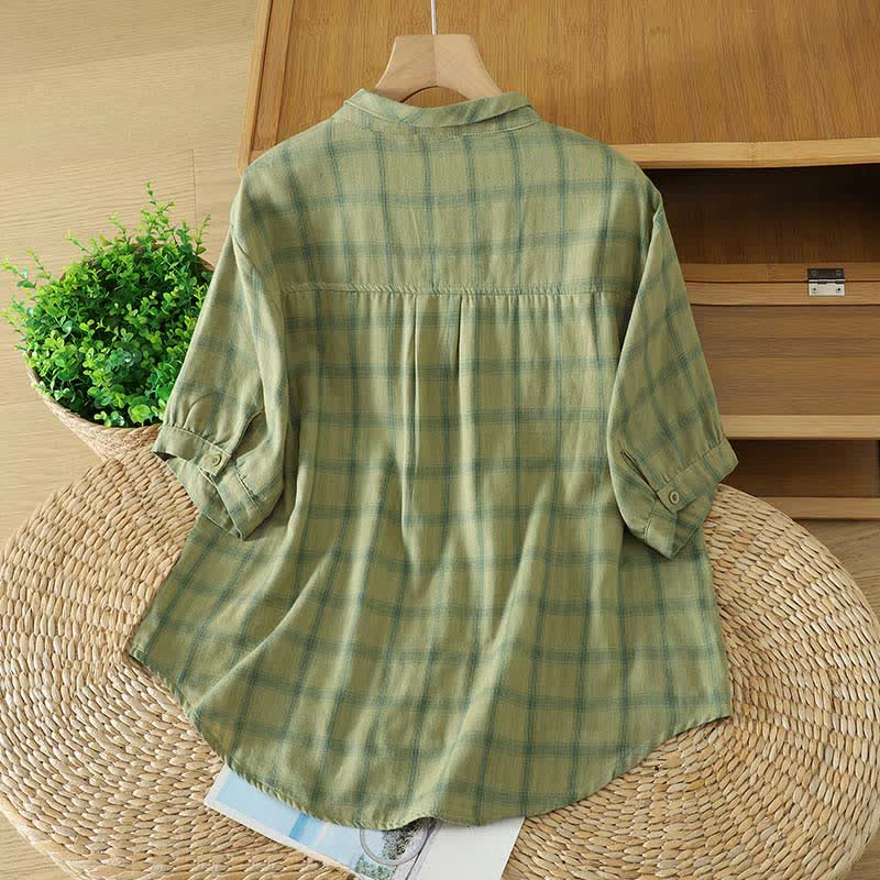 Nimara Ritual Summer Casual Vintage Plaid Women's Short Sleeve Shirts With Patch Pocket