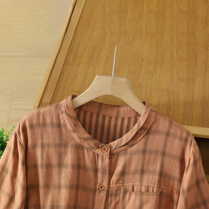 Nimara Ritual Summer Casual Vintage Plaid Women's Short Sleeve Shirts With Patch Pocket