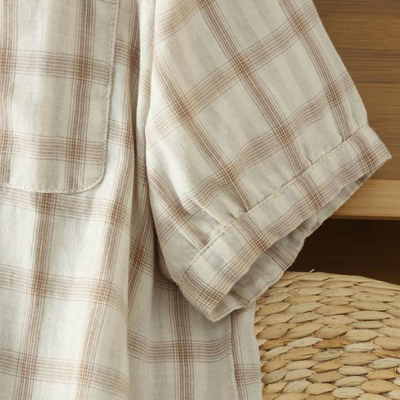 Nimara Ritual Summer Casual Vintage Plaid Women's Short Sleeve Shirts With Patch Pocket