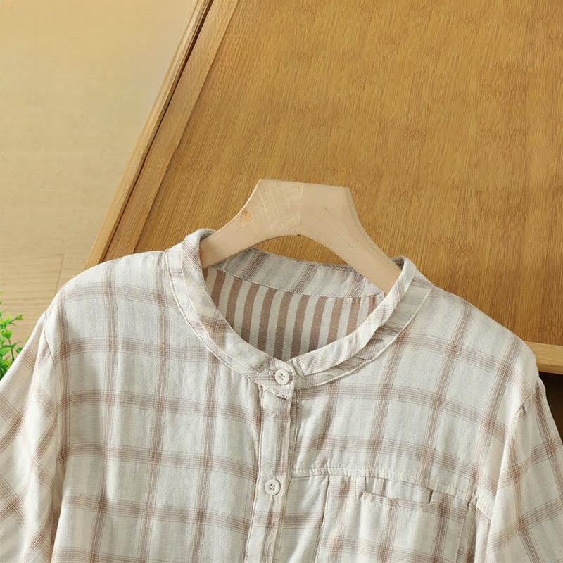 Nimara Ritual Summer Casual Vintage Plaid Women's Short Sleeve Shirts With Patch Pocket
