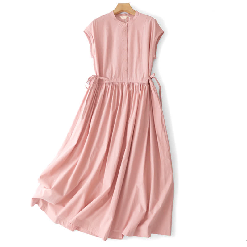 Nimara Ritual Summer Casual Vintage Button-Up Solid Lace-up Women's Short Sleeve Dresses With Pocket