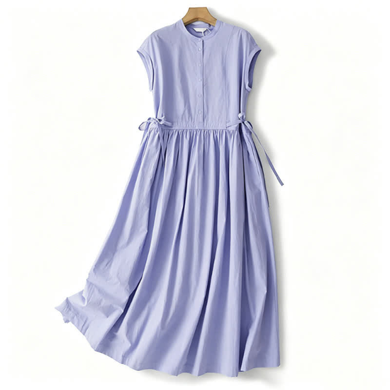 Nimara Ritual Summer Casual Vintage Button-Up Solid Lace-up Women's Short Sleeve Dresses With Pocket