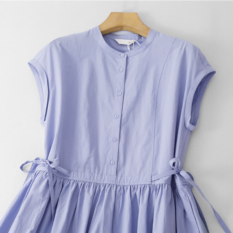 Nimara Ritual Summer Casual Vintage Button-Up Solid Lace-up Women's Short Sleeve Dresses With Pocket