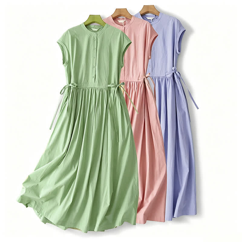 Nimara Ritual Summer Casual Vintage Button-Up Solid Lace-up Women's Short Sleeve Dresses With Pocket