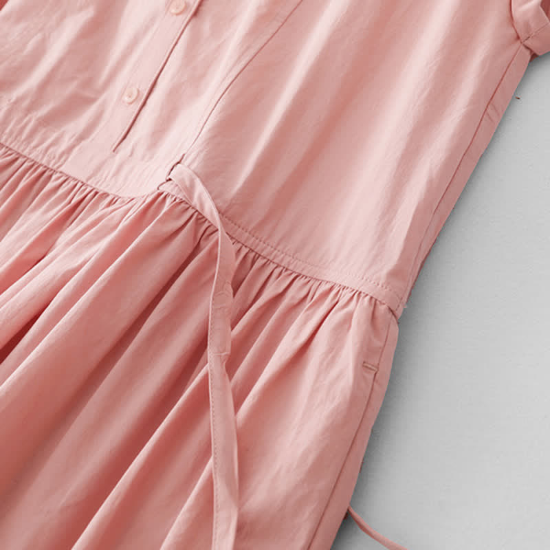 Nimara Ritual Summer Casual Vintage Button-Up Solid Lace-up Women's Short Sleeve Dresses With Pocket