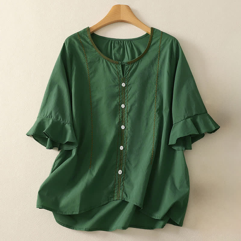 Nimara Ritual Summer Boho Casual Button-up Solid Ruffle Bell Sleeve Women's Short Sleeve Shirts