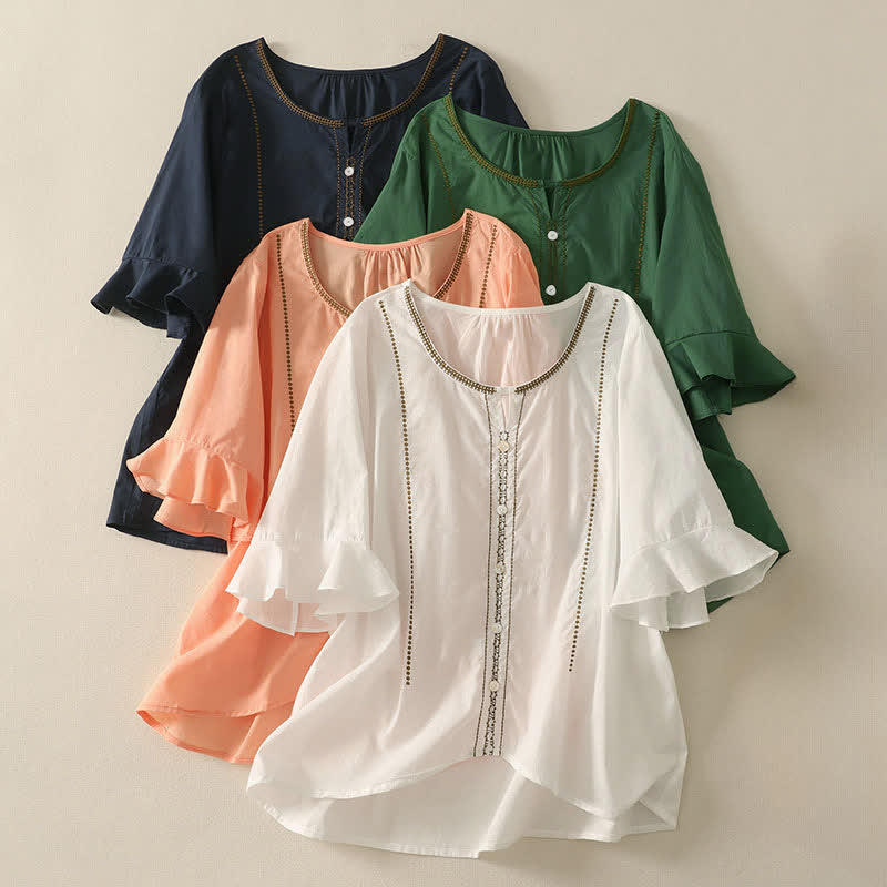 Nimara Ritual Summer Boho Casual Button-up Solid Ruffle Bell Sleeve Women's Short Sleeve Shirts