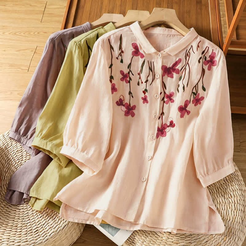 Nimara Ritual Summer Vintage Embroidery Floral Women's Short Sleeve Shirts