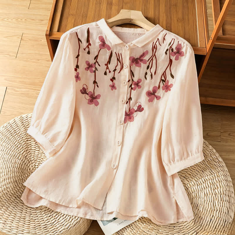 Nimara Ritual Summer Vintage Embroidery Floral Women's Short Sleeve Shirts