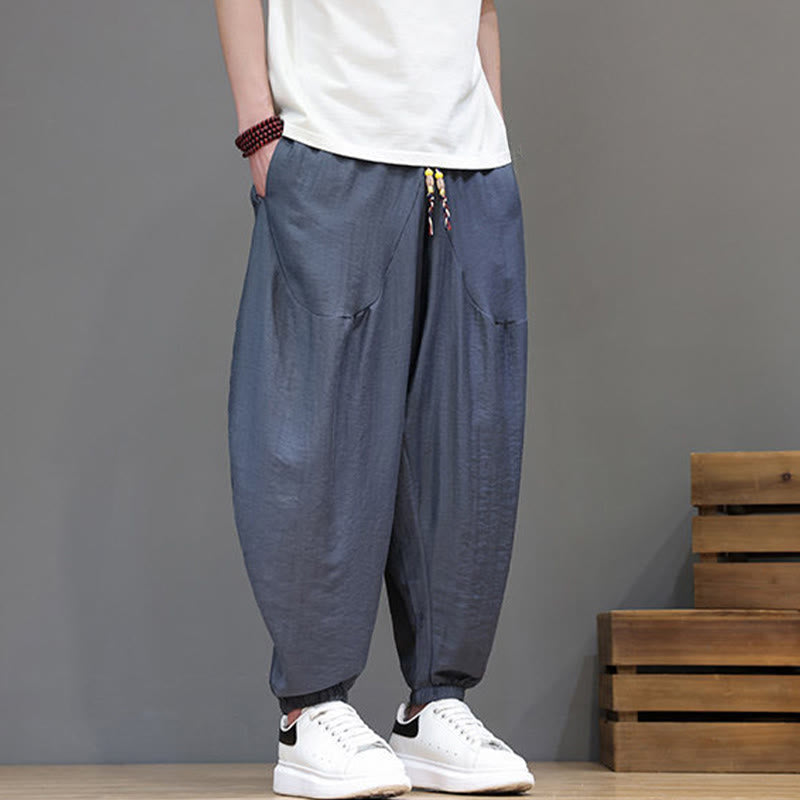 Nimara Ritual Summer Casual Vintage Drawstring Solid Cotton Cropped Pants Men's Harem Pants With Pocket